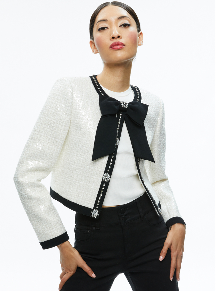 GWYNETH EMBELLISHED CROPPED BOW JACKET - OFF WHITE - Alice And Olivia