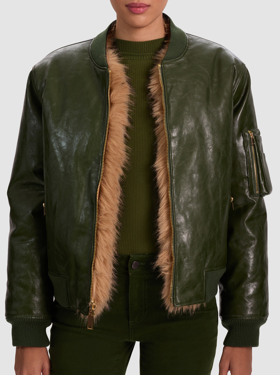 DARK OLIVE/CAMEL-BECKY REVERSIBLE FAUX FUR BOMBER JACKET