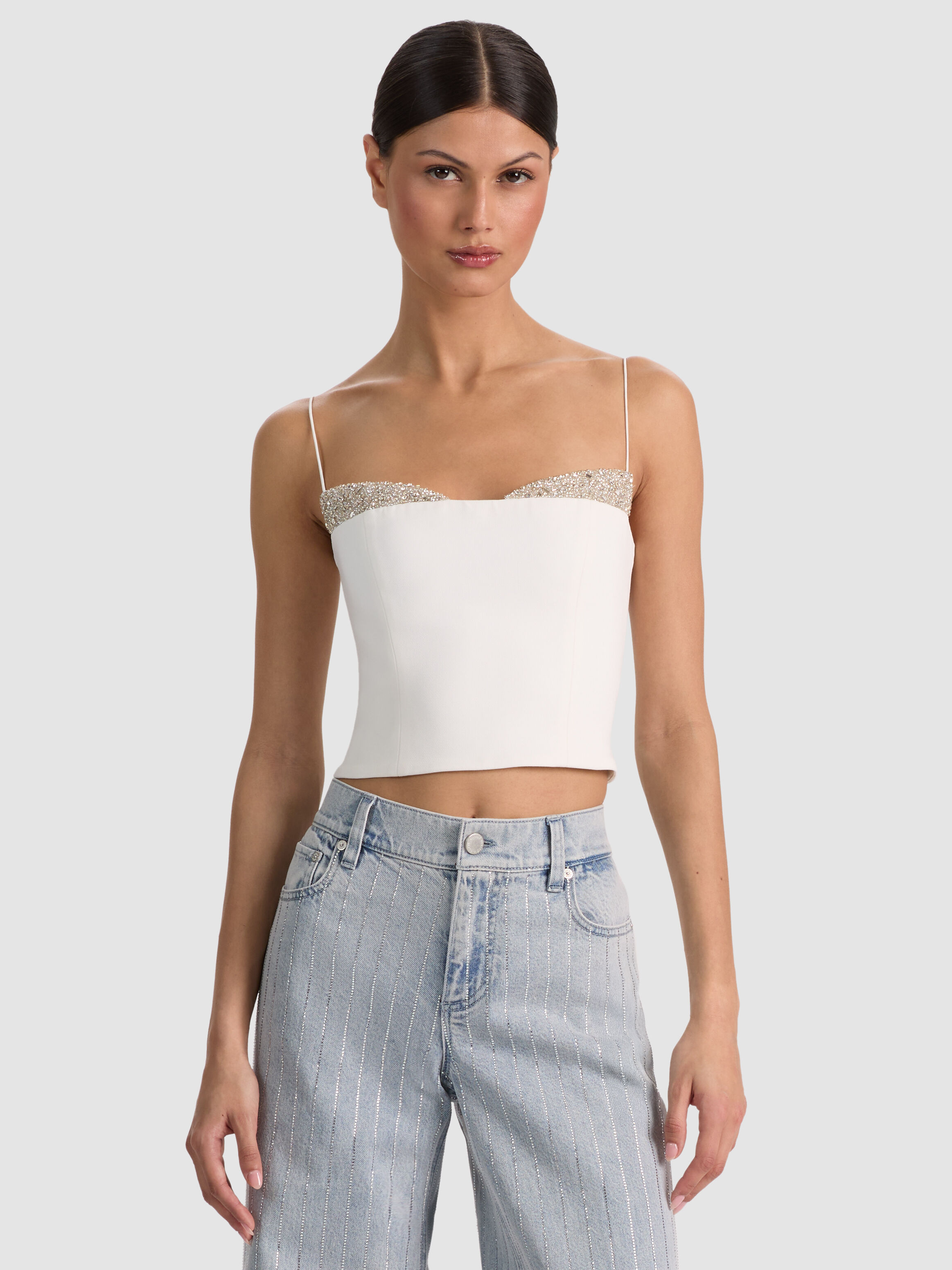 HALLIE EMBELLISHED PEEKABOO TOP in OFF WHITE/CRYSTAL | ALICE + OLIVIA