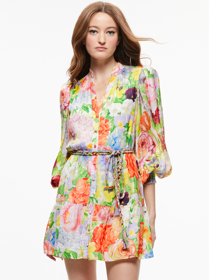 ANTONETTE LONG SLEEVE BUTTON FRONT MINI DRESS - DAWN FLORAL - Alice And Olivia