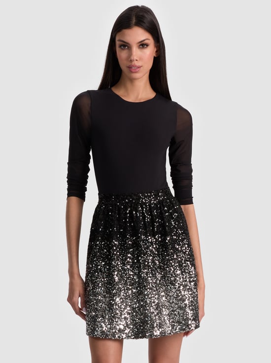 BLACK/MULTI-CHARA EMBELLISHED MINI DRESS