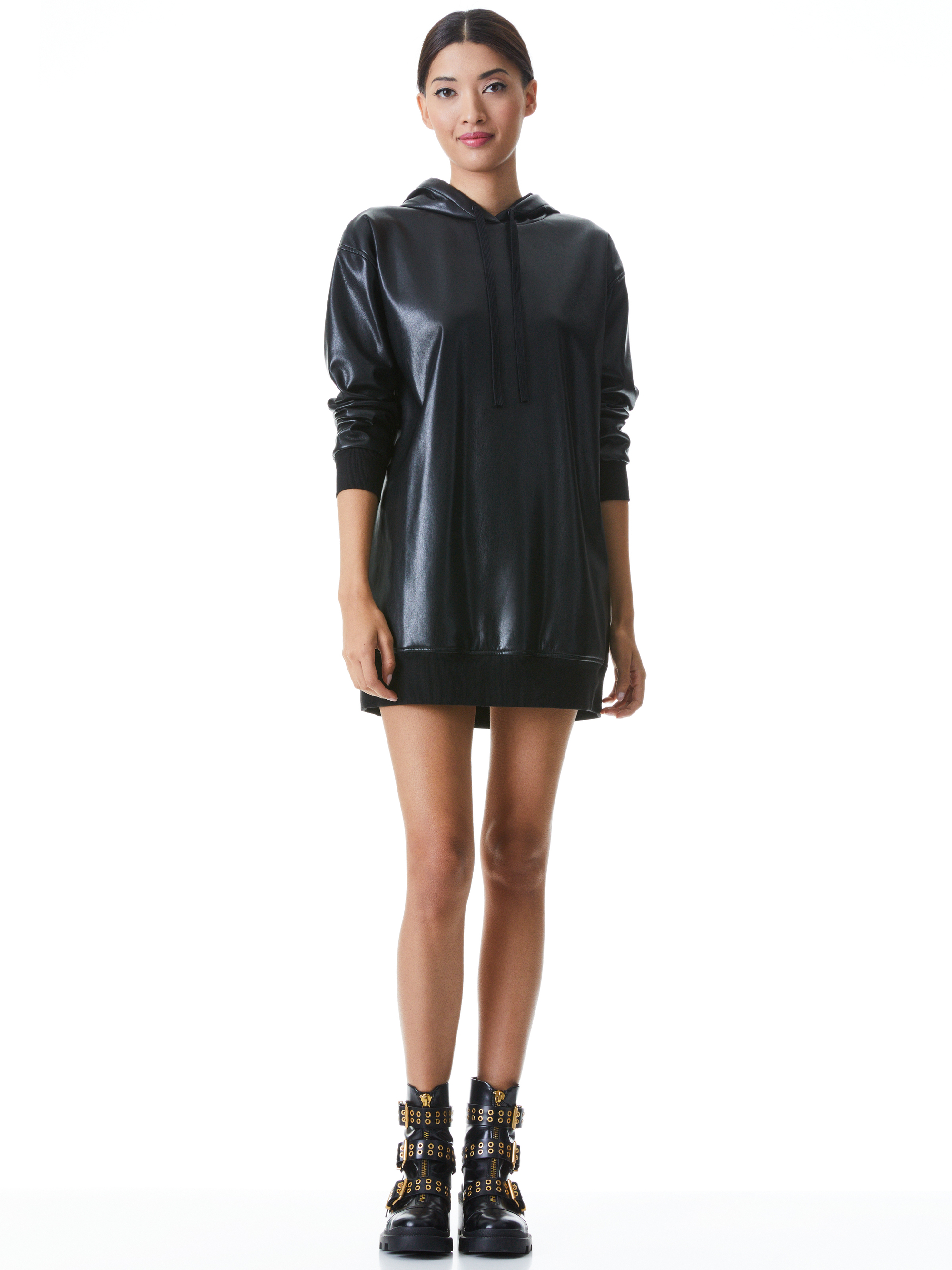 Declan Vegan Leather Sweatshirt Dress In Black | Alice And Olivia