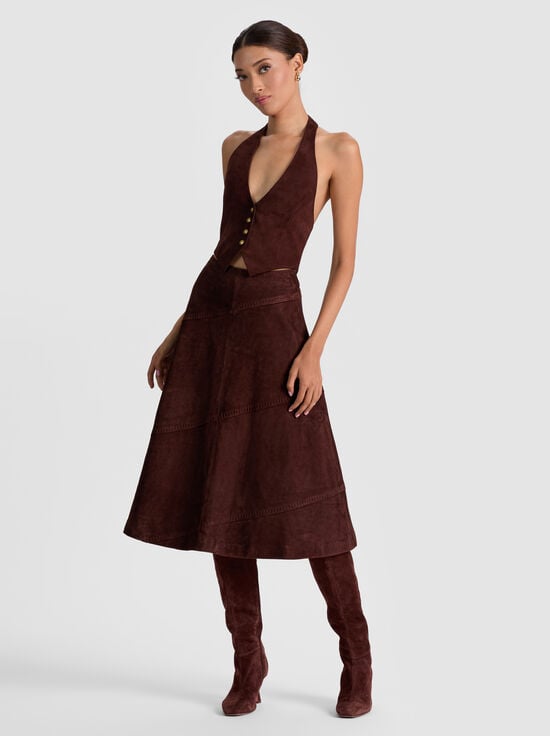 DARK CHOCOLATE-SOSIE SUEDE MIDI SKIRT