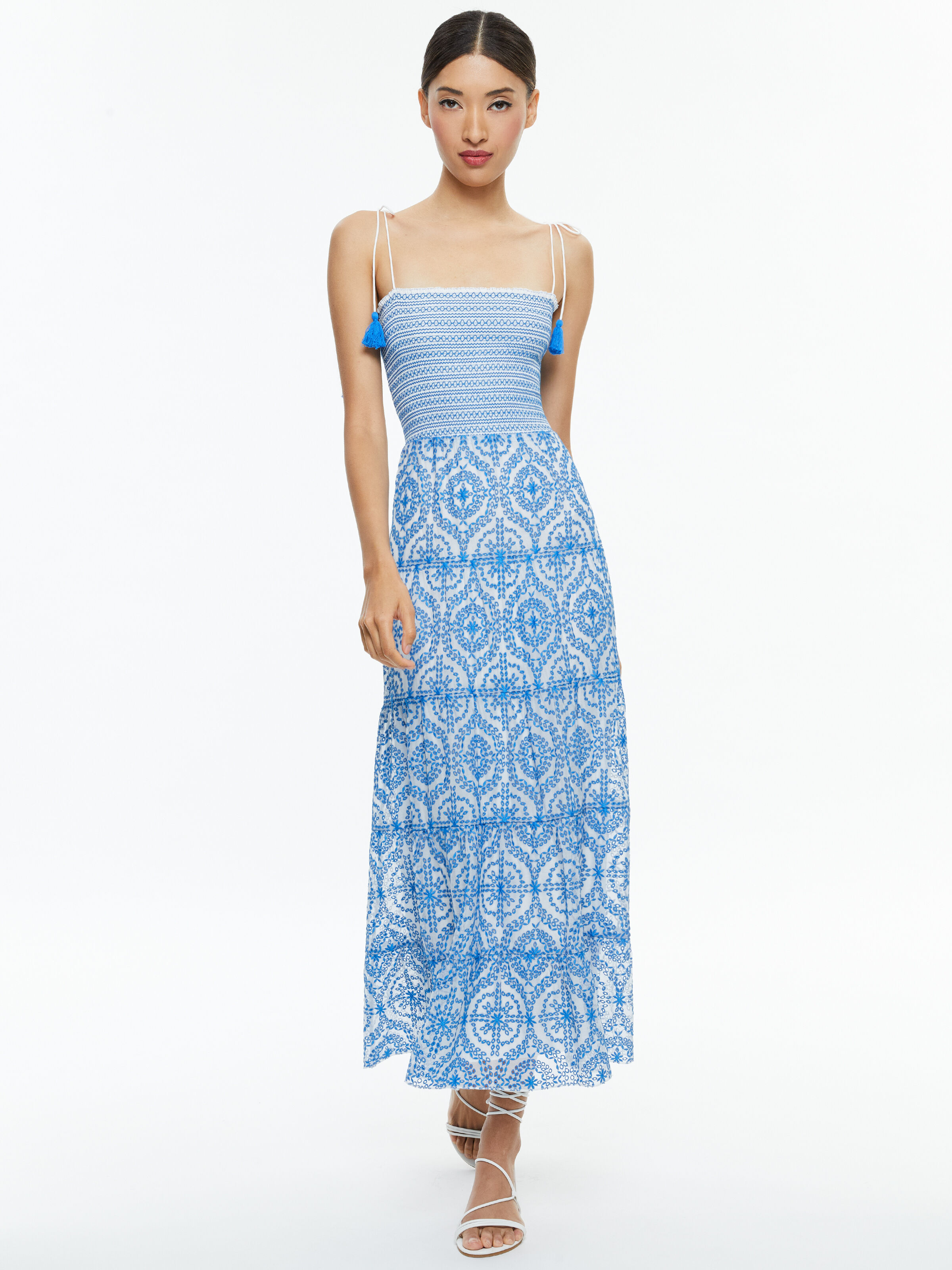 Marna Tiered Midi Tie Strap Dress In Off White french Blue Alice Olivia