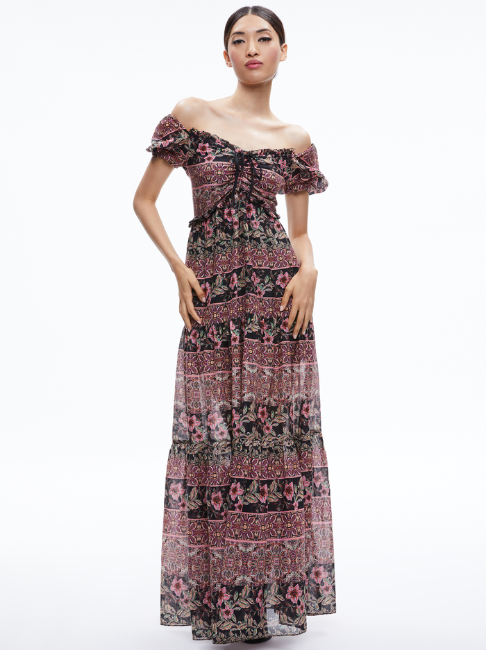 ANDREA PUFF SLEEVE MAXI DRESS - CANOPY TILE BLACK - Alice And Olivia