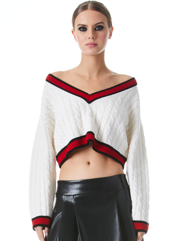 AYDEN CROPPED V-NECK PULLOVER - SOFT WHITE/PERFECT RUBY - Alice And Olivia