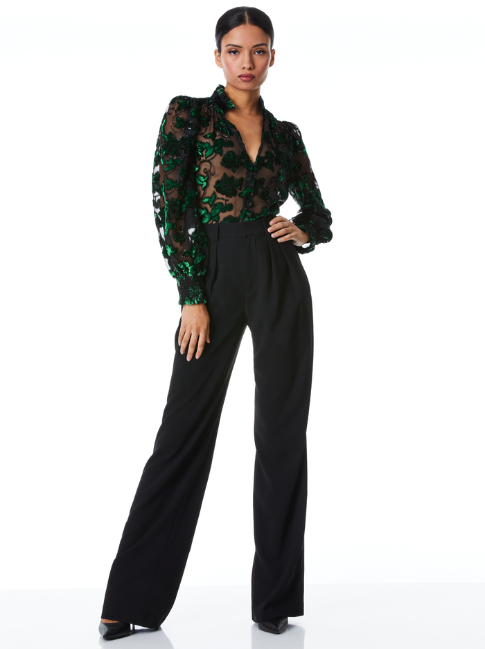 ZINA SHEER BUTTON DOWN BLOUSE - BLACK/EMERALD image 4 - Alice And Olivia
