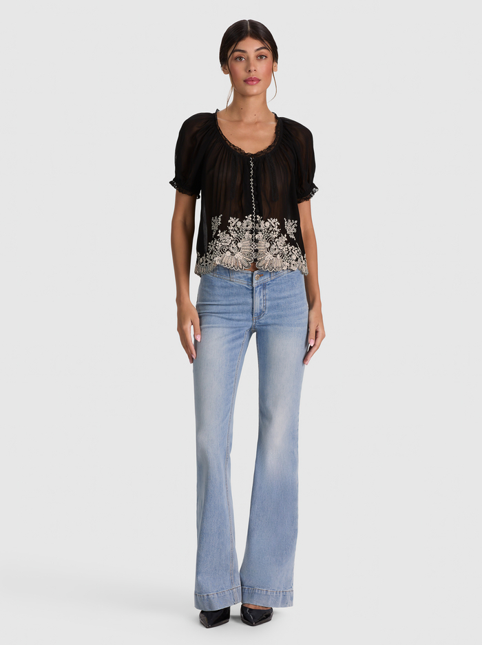 ODETTE EMRBOIDERED PUFF SLEEVE TOP - BLACK/VANILLA image 1 - ALICE + OLIVIA