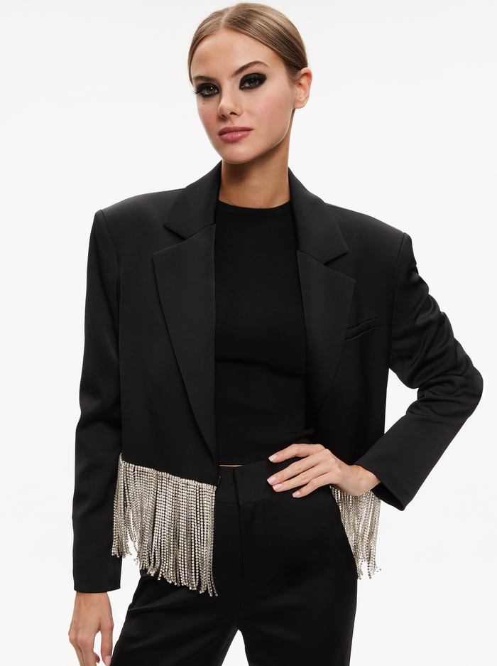 SHAN CRYSTAL FRINGE BLAZER - BLACK - Alice And Olivia