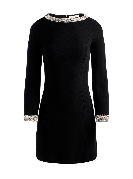 BLACK/CRYSTAL-MAILYNN EMBELLISHED TRIM MINI DRESS