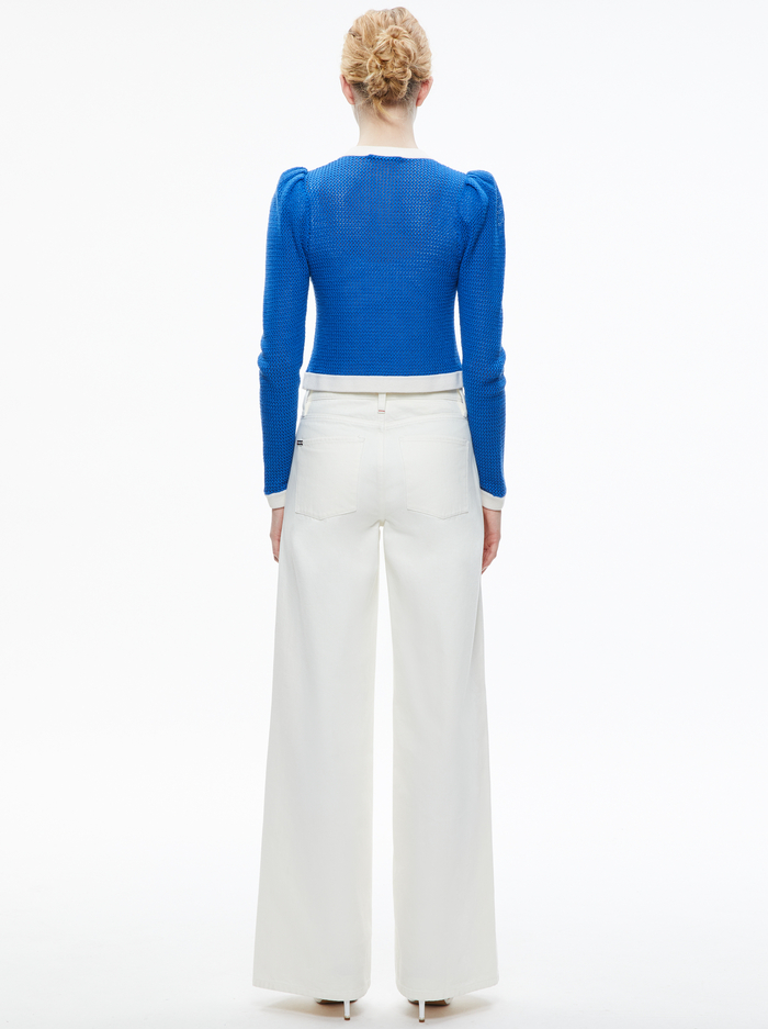 TRINA STRUCTURED SHOULDER CROPPED CARDIGAN - SAPPHIRE/SOFT WHITE image 1 - ALICE + OLIVIA