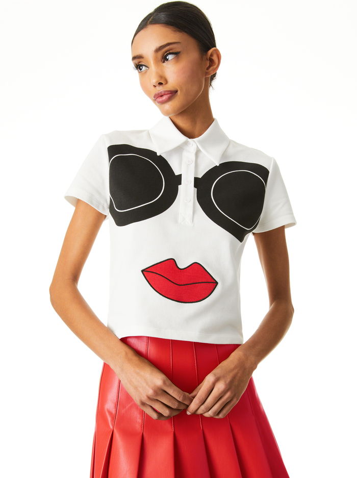 MARSHA STACE FACE CROPPED POLO - WHITE/MULTI - Alice And Olivia