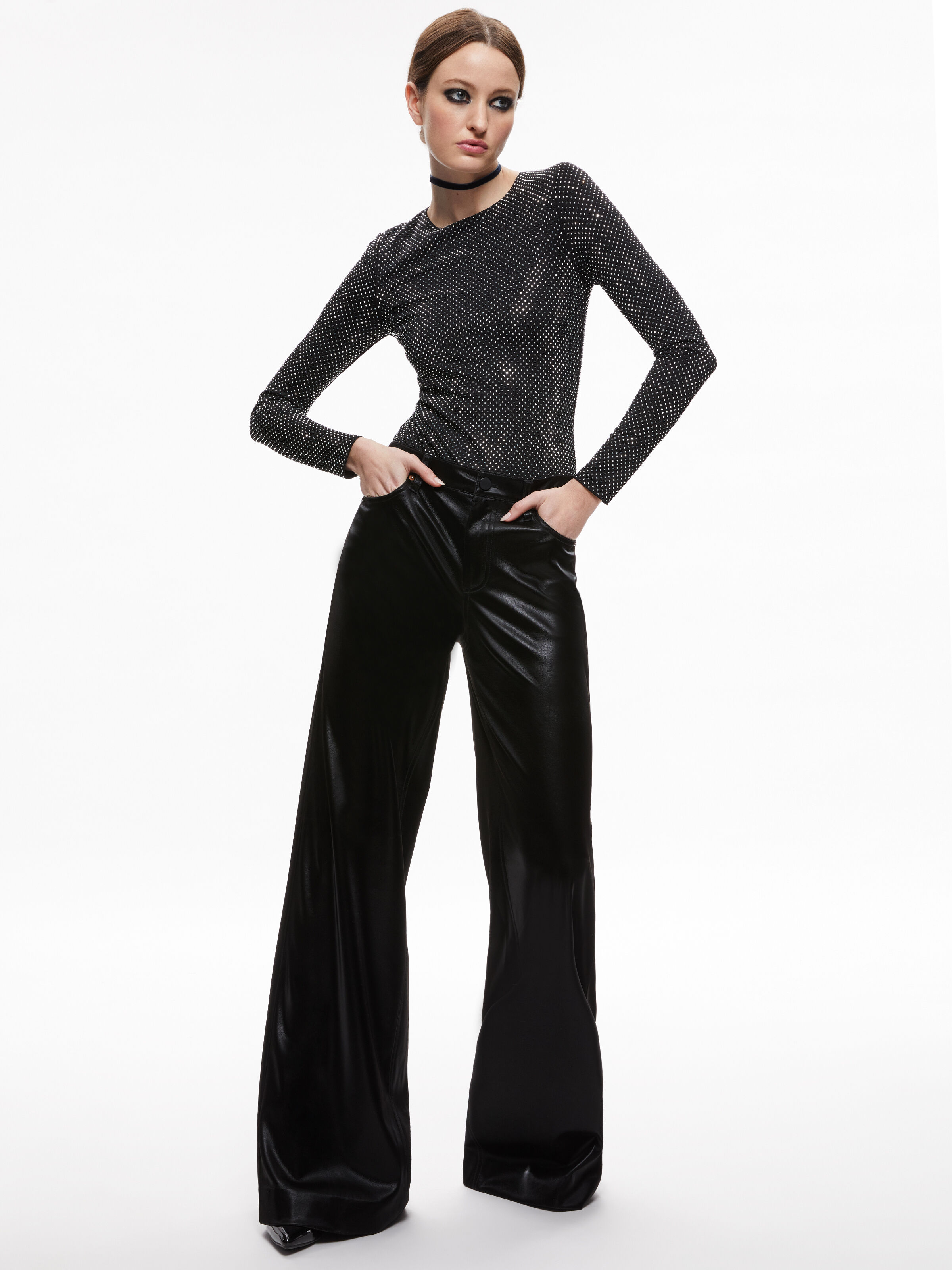 Taeyn Embellished Crew Neck Bodysuit In Black/silver | Alice And 