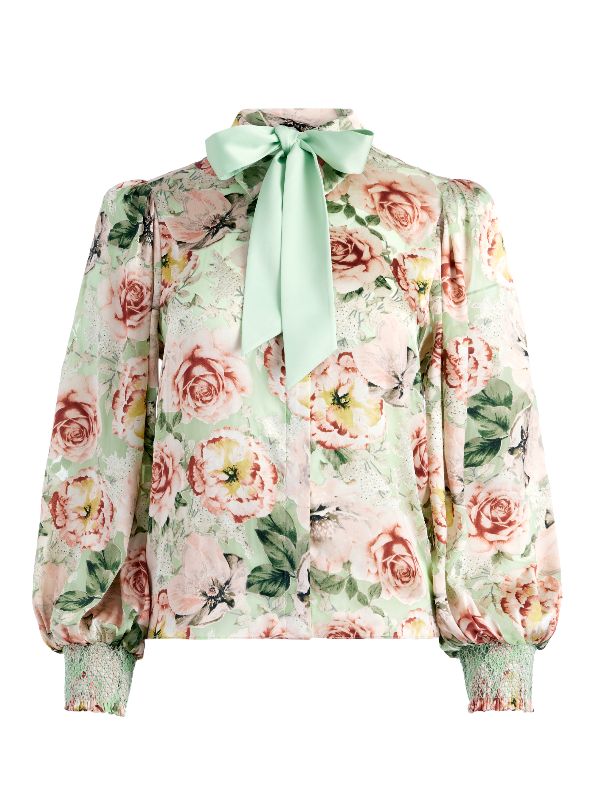 Brentley Tie Neck Blouson Sleeve Blouse In Morningside Floral Pistachio