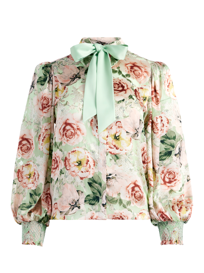 BRENTLEY TIE NECK BLOUSON SLEEVE BLOUSE - MORNINGSIDE FLORAL PISTACHIO image 5 - Alice And Olivia