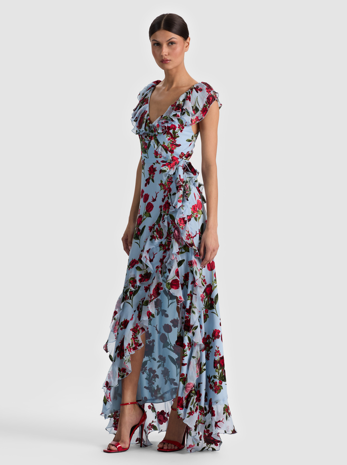 KRISTEN RUFFLE WRAP MAXI DRESS - AMERICAN BEAUTY CAROLINA BLUE image 4 - ALICE + OLIVIA