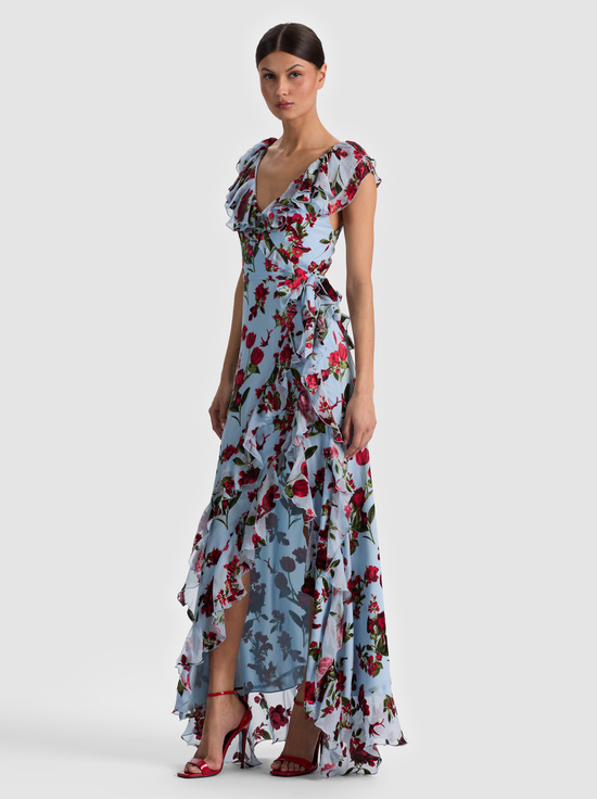 AMERICAN BEAUTY CAROLINA BLUE-KRISTEN RUFFLE WRAP MAXI DRESS