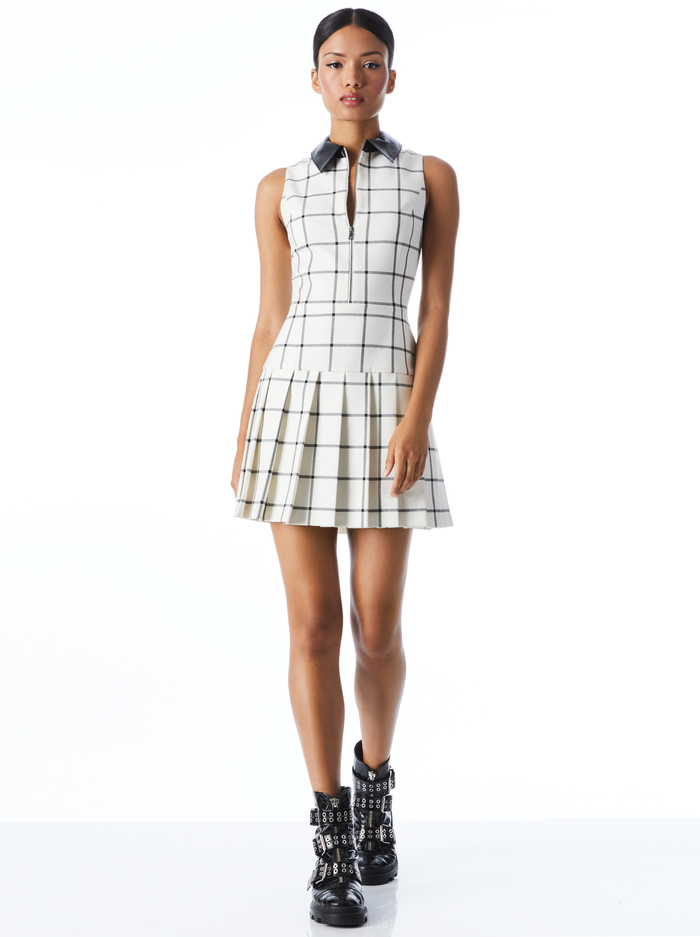 ELLIS ZIP FRONT PLEATED DRESS - OFF WHITE/BLACK - Alice And Olivia