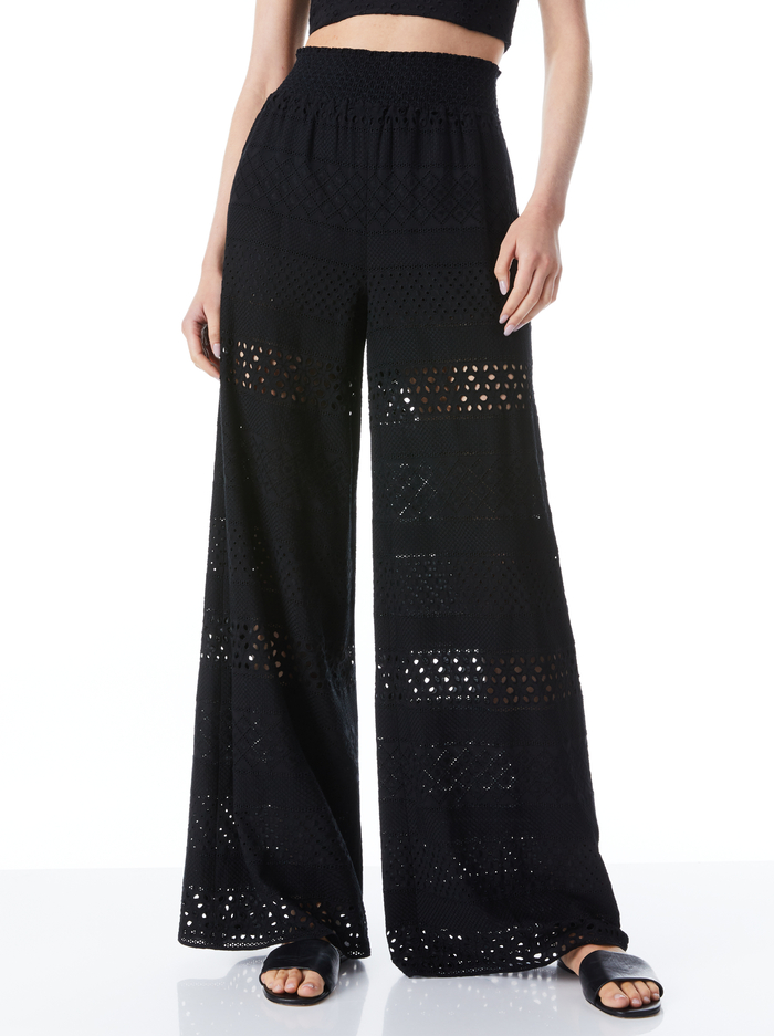 RUSSELL HIGH WAISTED EYELET PANT - BLACK - Alice And Olivia