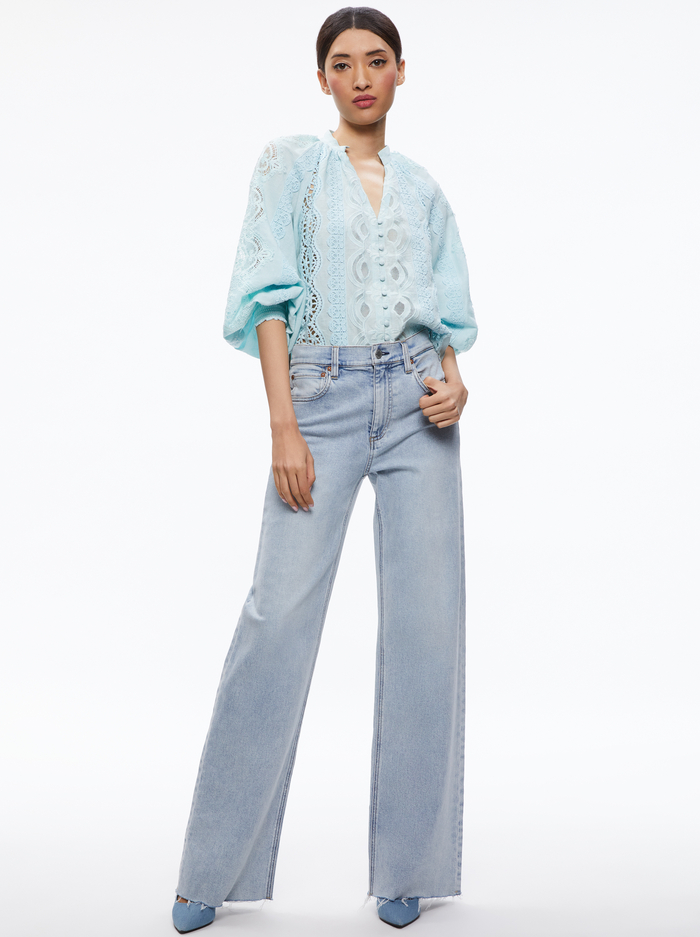 Lessie Embroidered Blouson Sleeve Button Front Blouse In Julep | Alice ...