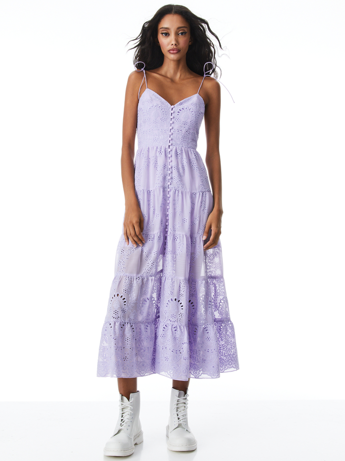 SHANTI EMBROIDERED BUTTON FRONT TIERED DRESS - LAVENDER - Alice And Olivia
