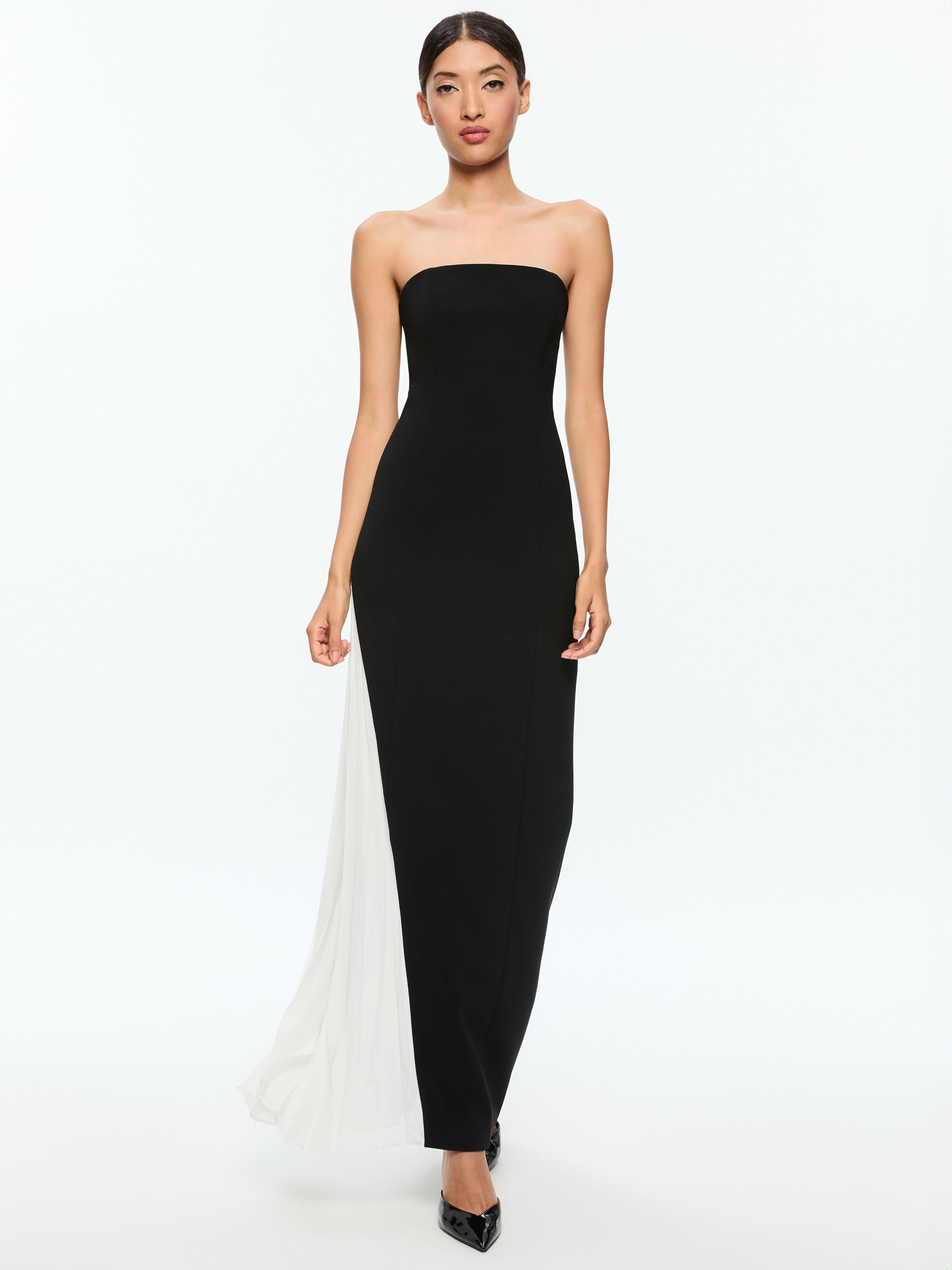 Retha Strapless Maxi Dress With Pleated Godet In Black off White Alice Olivia