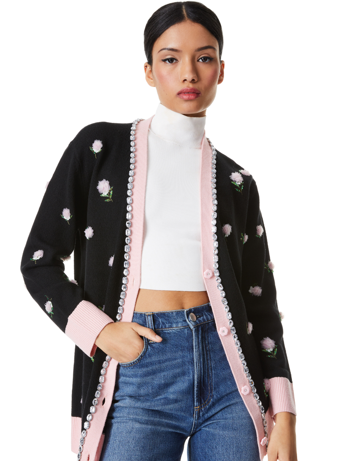 BRADFORD EMBELLISHED GRANDPA CARDIGAN - BLACK/PETAL - Alice And Olivia