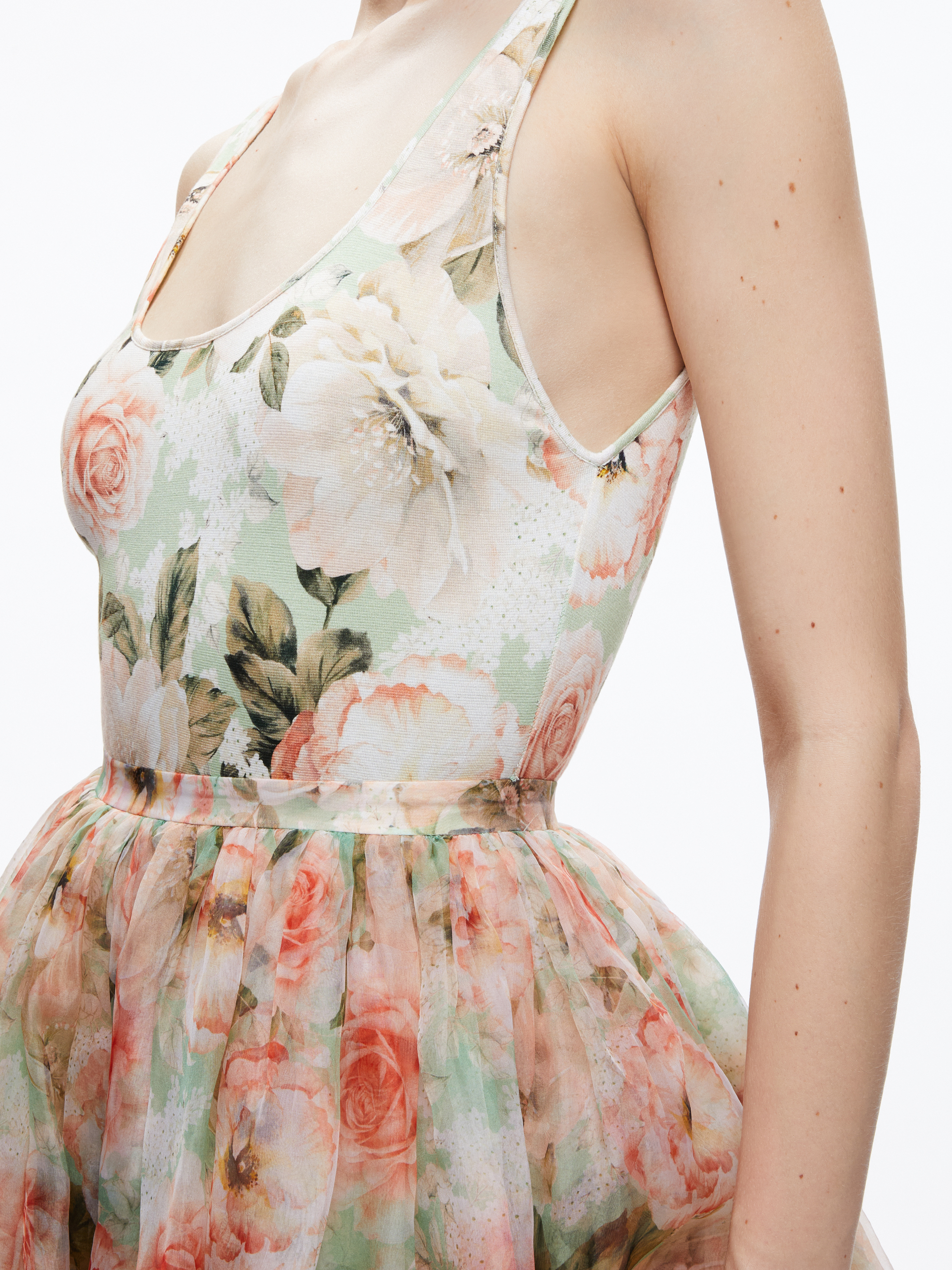 Chara Mini Dress In Morningside Floral Pistachio Alice + Olivia