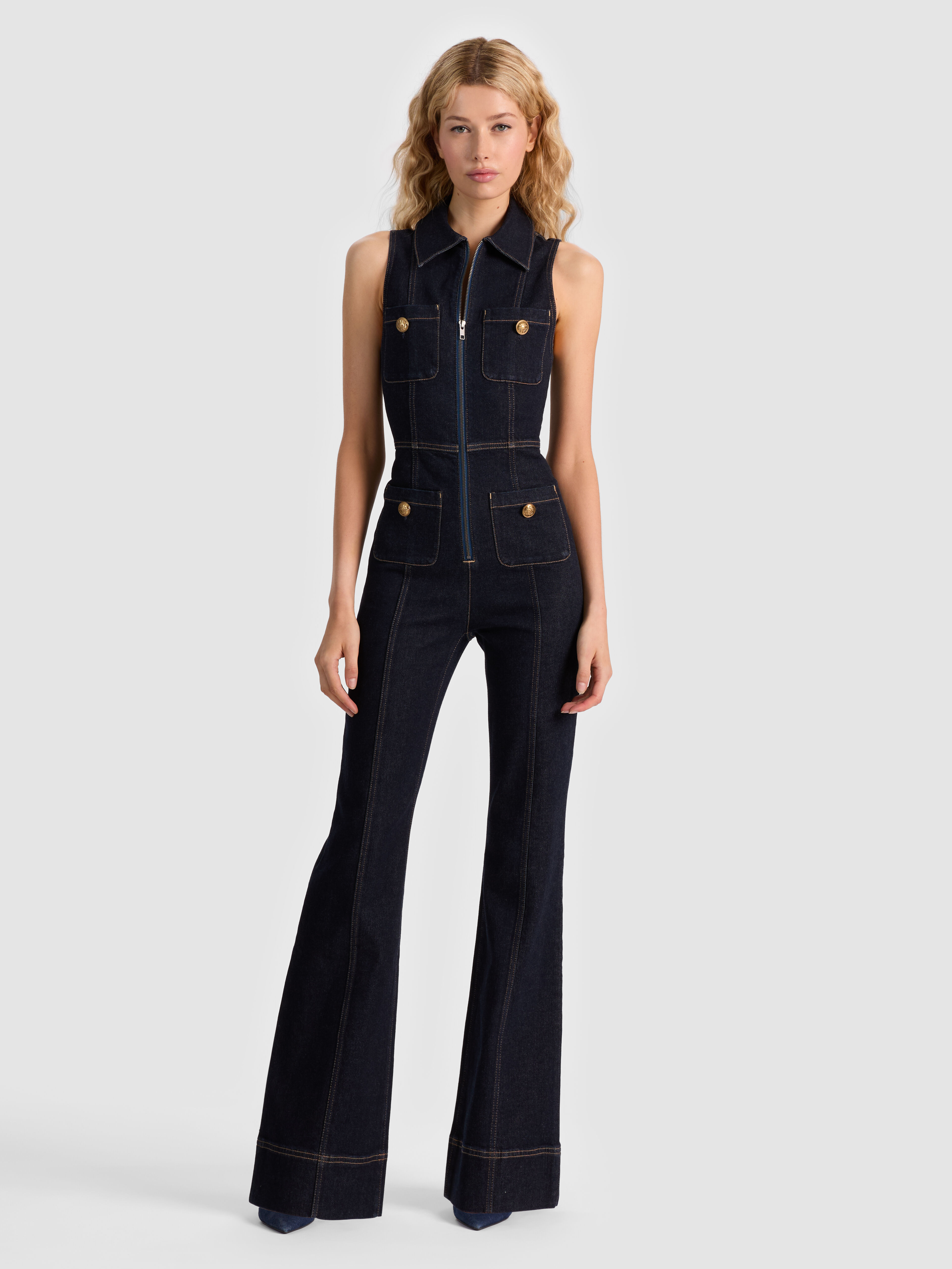 Rachel Sleeveless Denim Jumpsuit In Dark Rinse | Alice + Olivia