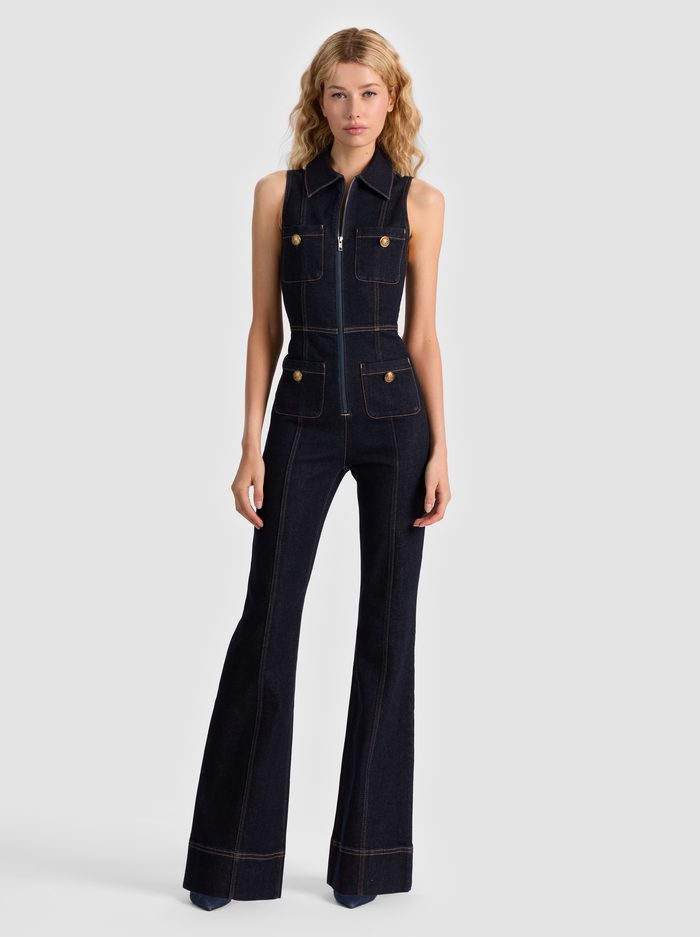 RACHEL SLEEVELESS DENIM JUMPSUIT - DARK RINSE - Alice And Olivia