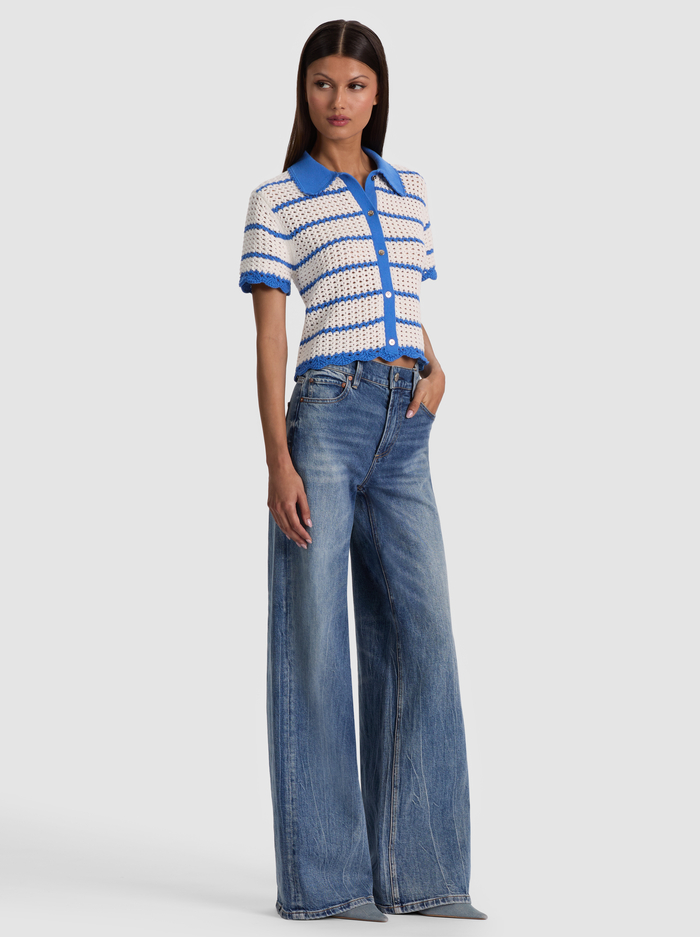 RANDALL POINTELLE POLO CARDIGAN - BLUE IRIS/WHITE image 4 - ALICE + OLIVIA