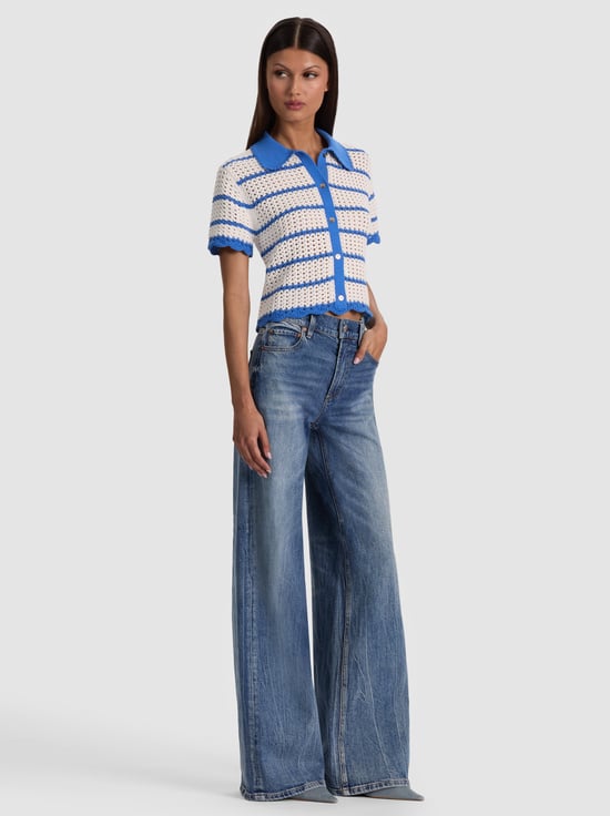 BLUE IRIS/WHITE-RANDALL POINTELLE POLO CARDIGAN