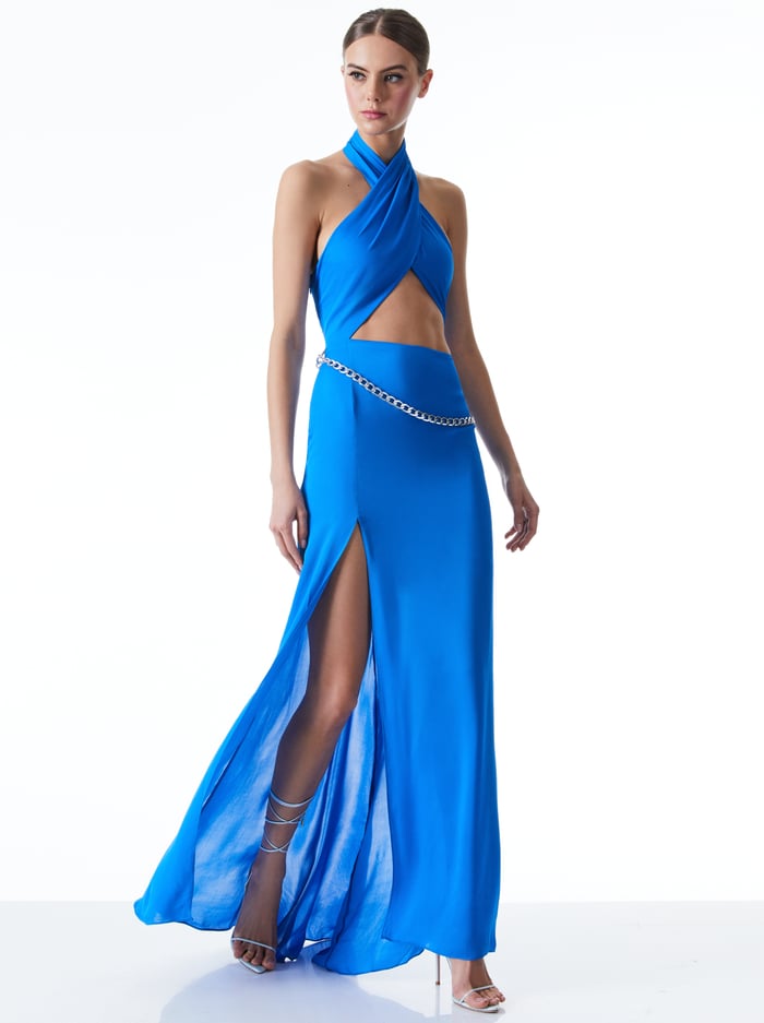 MAY HALTER NECK CHAIN WAIST GOWN - PALACE BLUE image 2 - Alice And Olivia