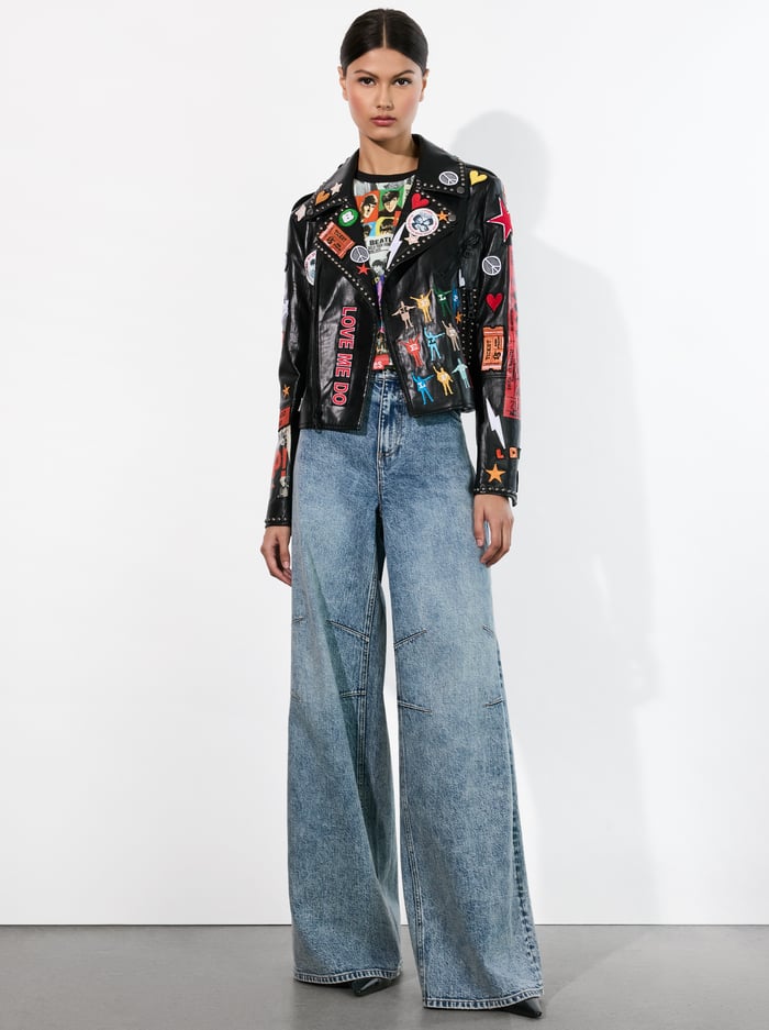 A+O X THE BEATLES CODY VEGAN LEATHER JACKET - BLACK MULTI image 2 - Alice And Olivia