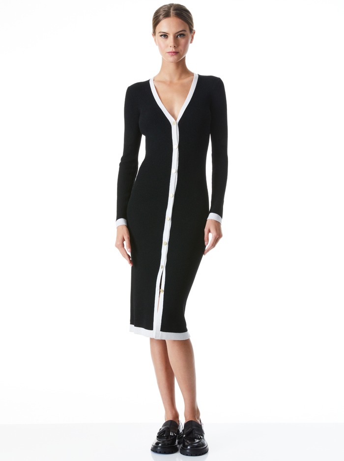 ALCINA BUTTON DOWN CARDIGAN DRESS - BLACK/SOFT WHITE image 2 - ALICE + OLIVIA