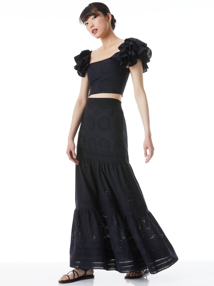 TAWNY EYELET SQUARE NECK RUFFLE CROP TOP + REISE EYELET PANELLED MAXI SKIRT - 