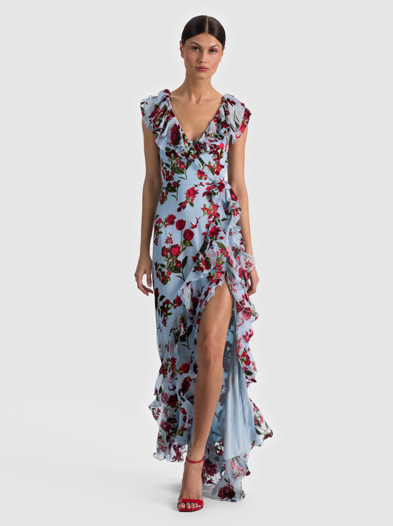 AMERICAN BEAUTY CAROLINA BLUE-KRISTEN RUFFLE WRAP MAXI DRESS