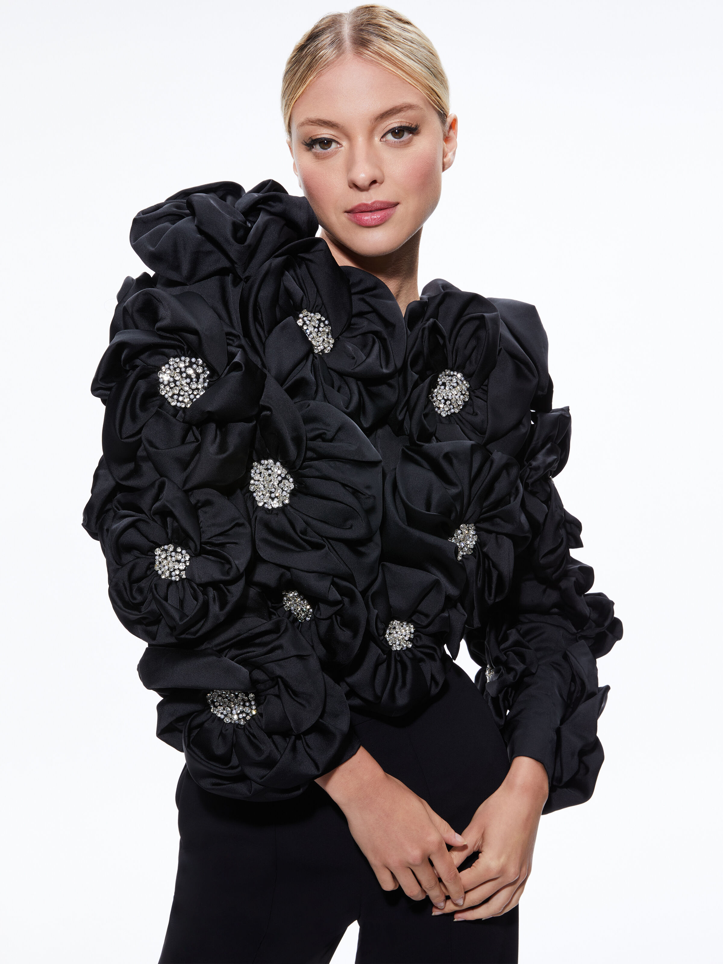 Lorna Cropped Floral Applique Jacket In Black Alice And Olivia