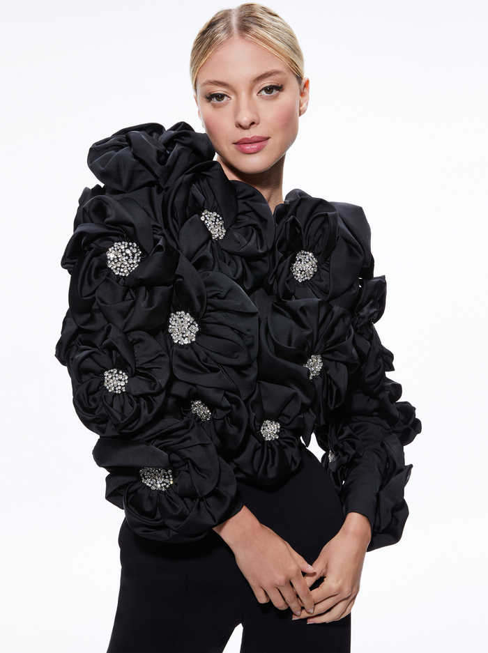 LORNA CROPPED FLORAL APPLIQUE JACKET - BLACK - Alice And Olivia