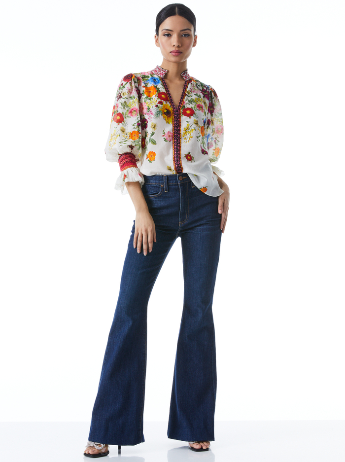 ILAN SMOCKED SLEEVE BUTTON FRONT BLOUSE - SUNDAY STROLL OFF WHITE/MULTI image 2 - Alice And Olivia