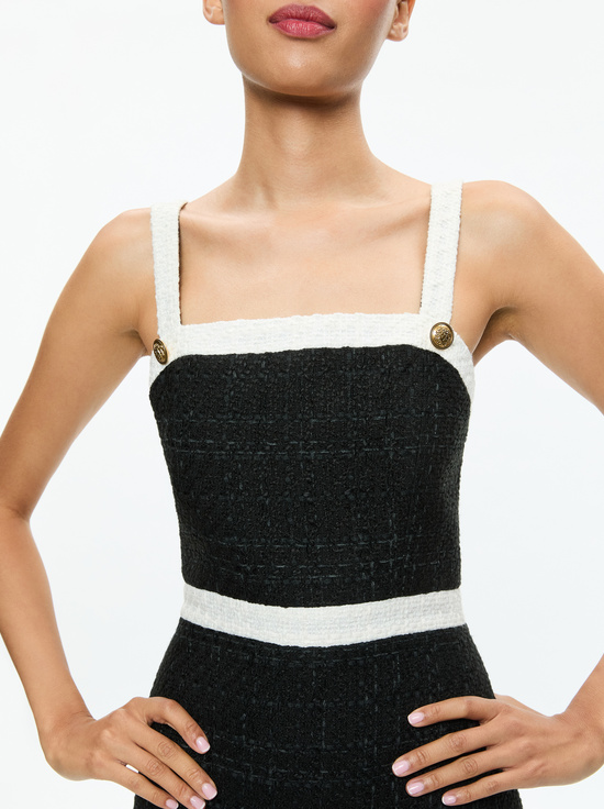 Trevor Mixed Media Dress In Ecru/black | Alice + Olivia