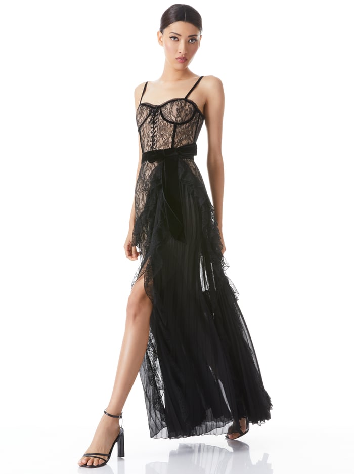 Chantil Lace Ruffle Gown In Black/almond | Alice And Olivia