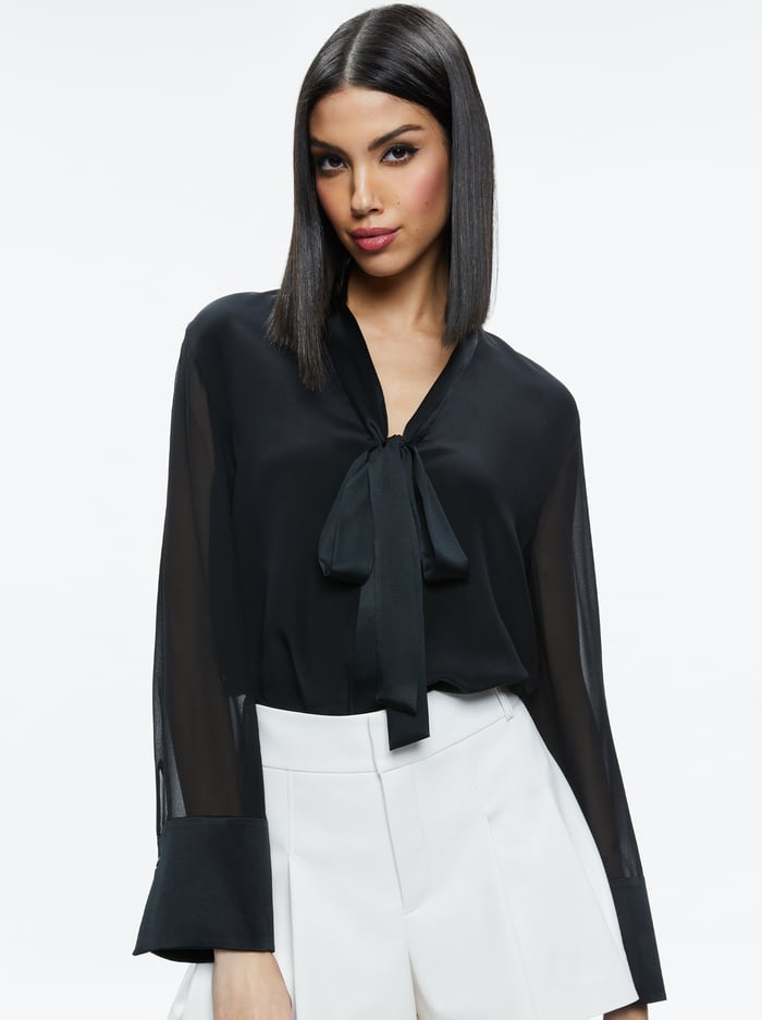 BRADY OVERSIZED BUTTON DOWN WITH BOW TIE - BLACK - Alice And Olivia