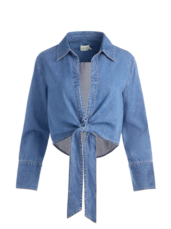 MEDIUM INDIGO CHAMBRAY-HANNON CHAMBRAY TIE FRONT BLOUSE