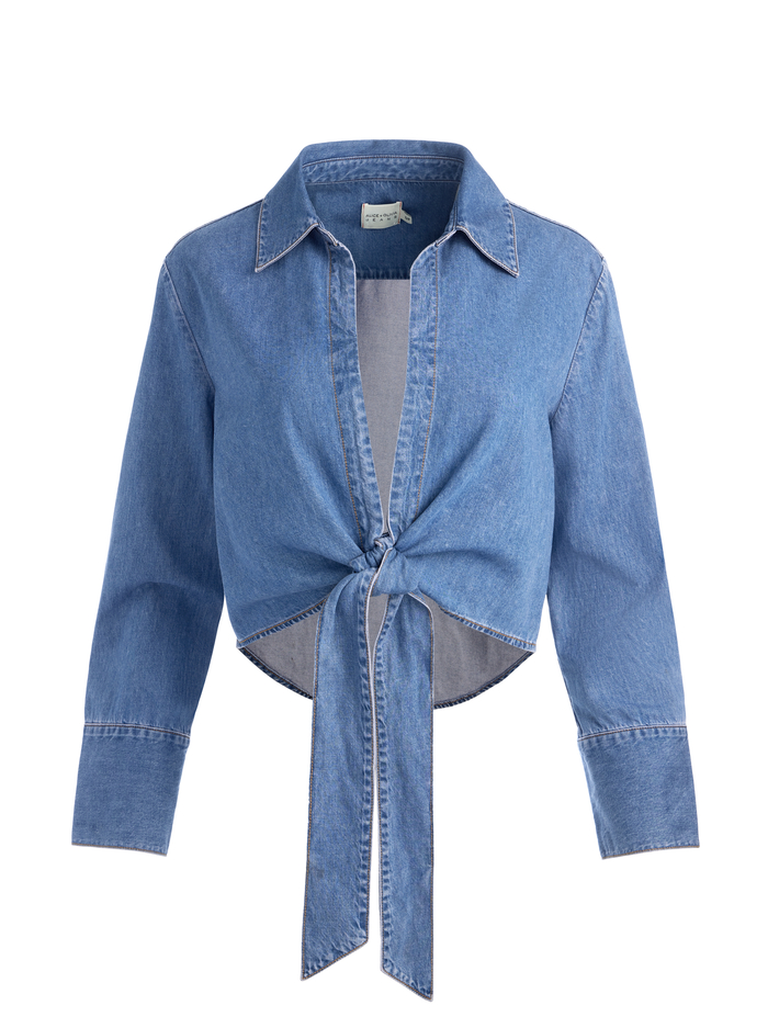 HANNON CHAMBRAY TIE FRONT BLOUSE - MEDIUM INDIGO CHAMBRAY image 5 - Alice And Olivia