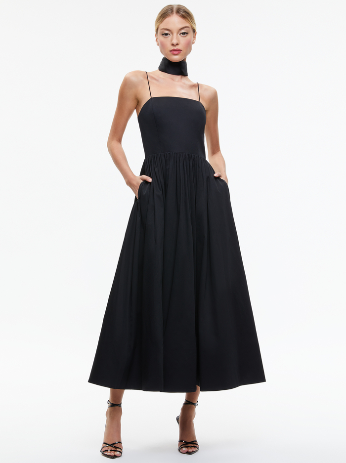 GLYNIS SPAGHETTI STRAP SCARF MIDI DRESS - BLACK - Alice And Olivia