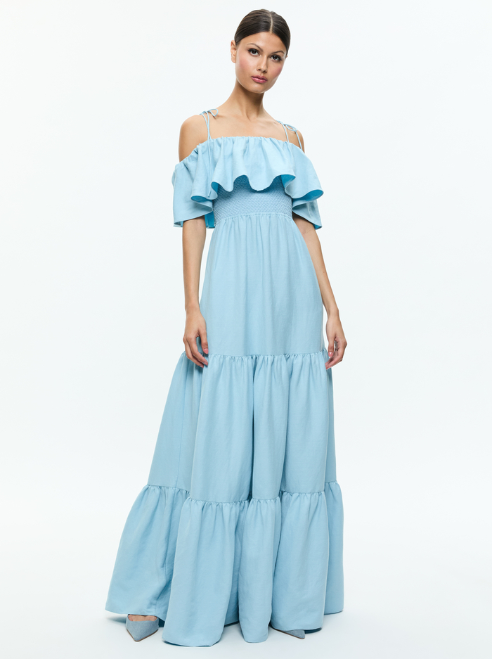 KIA OFF THE SHOULDER TIERED MAXI DRESS - MINERAL BLUE - Alice And Olivia