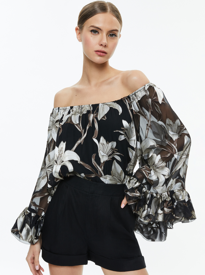 ARDELIA OFF THE SHOULDER TOP - STARGAZER BLACK LG - Alice And Olivia