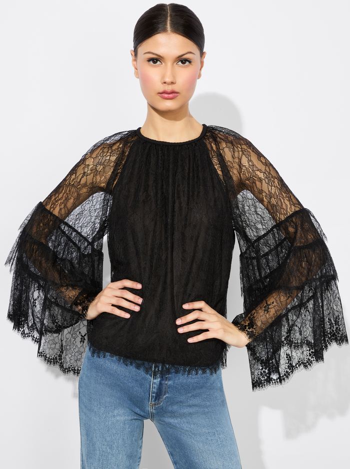 DELIA RUFFLED TUNIC TOP - BLACK - Alice And Olivia