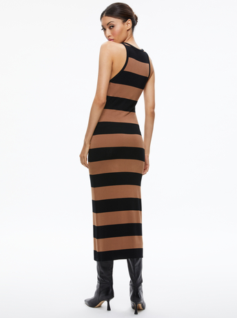 CAMEL/BLACK STRIPE-PANIA RACERBACK SIDE SLIT MAXI DRESS